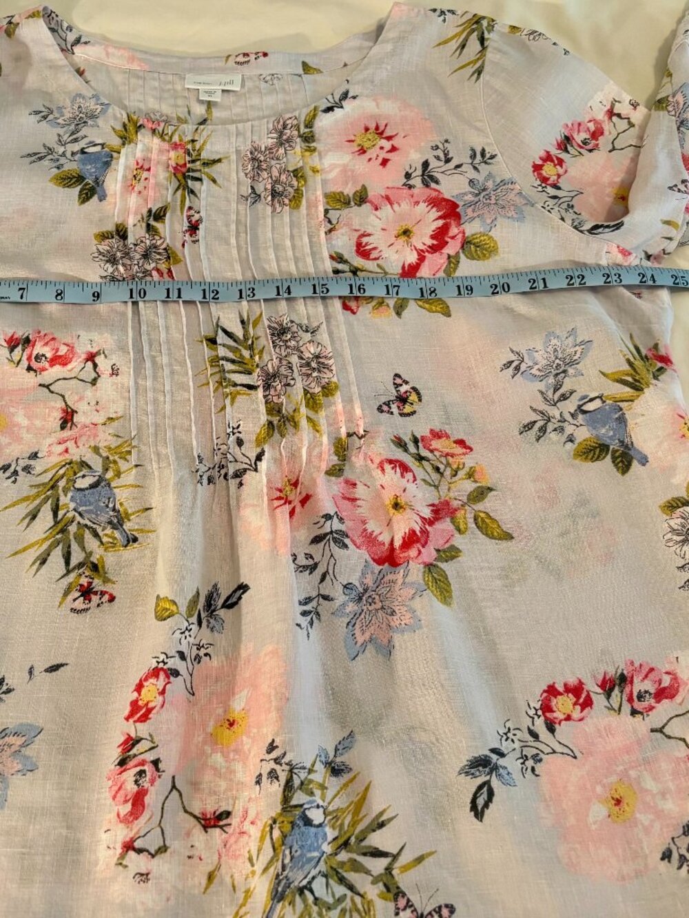 J. Jill Love Linen XL Floral Tunic Top Pintucks 3/4 Sleeves Crochet Lace Teacher - Picture 9 of 12